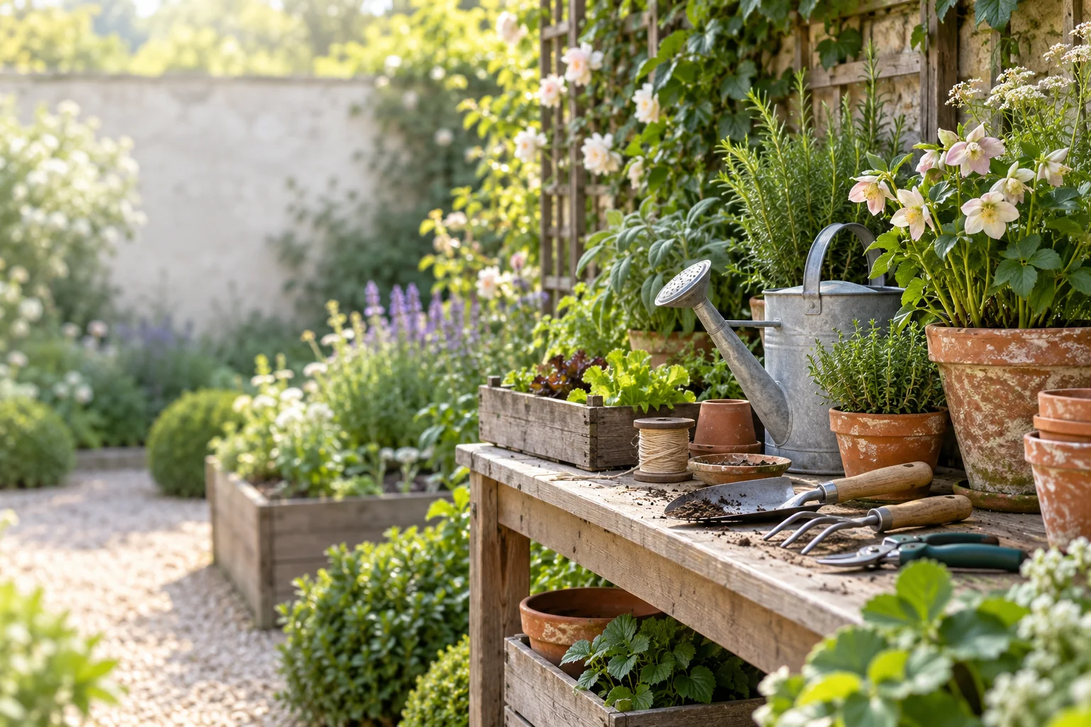 Illustrative cottage garden with pots, a watering can and hand tools